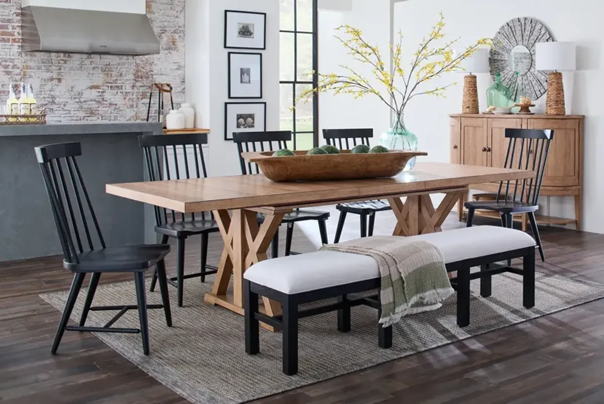 Clear Lake Trestle Table With 4 Windsor Side Chairs And Upholstered Bench