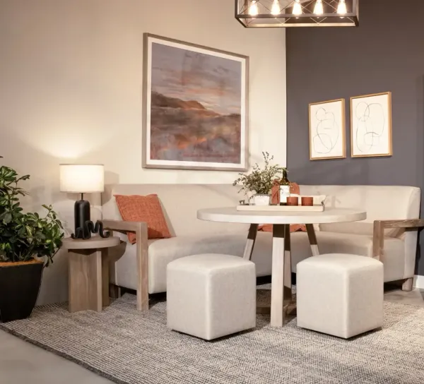 Rowan 48  Table With Gibson Dining Benches And 2 Gibson Ottomans