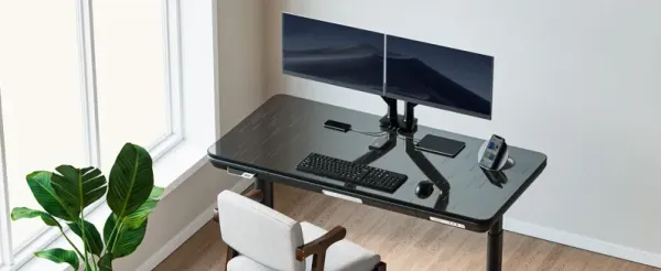 Ergo Black Galaxy Glass Power Lift Desk With Dual Monitor Arms