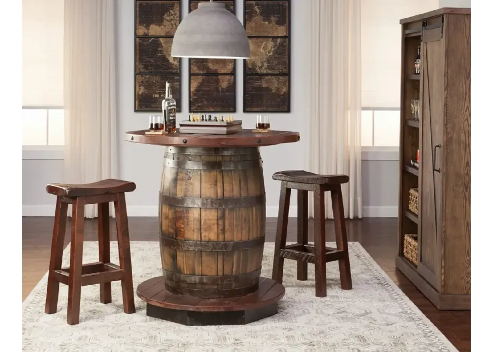 Old Fitz Whiskey Barrel With 2 Saddle Seat Stools