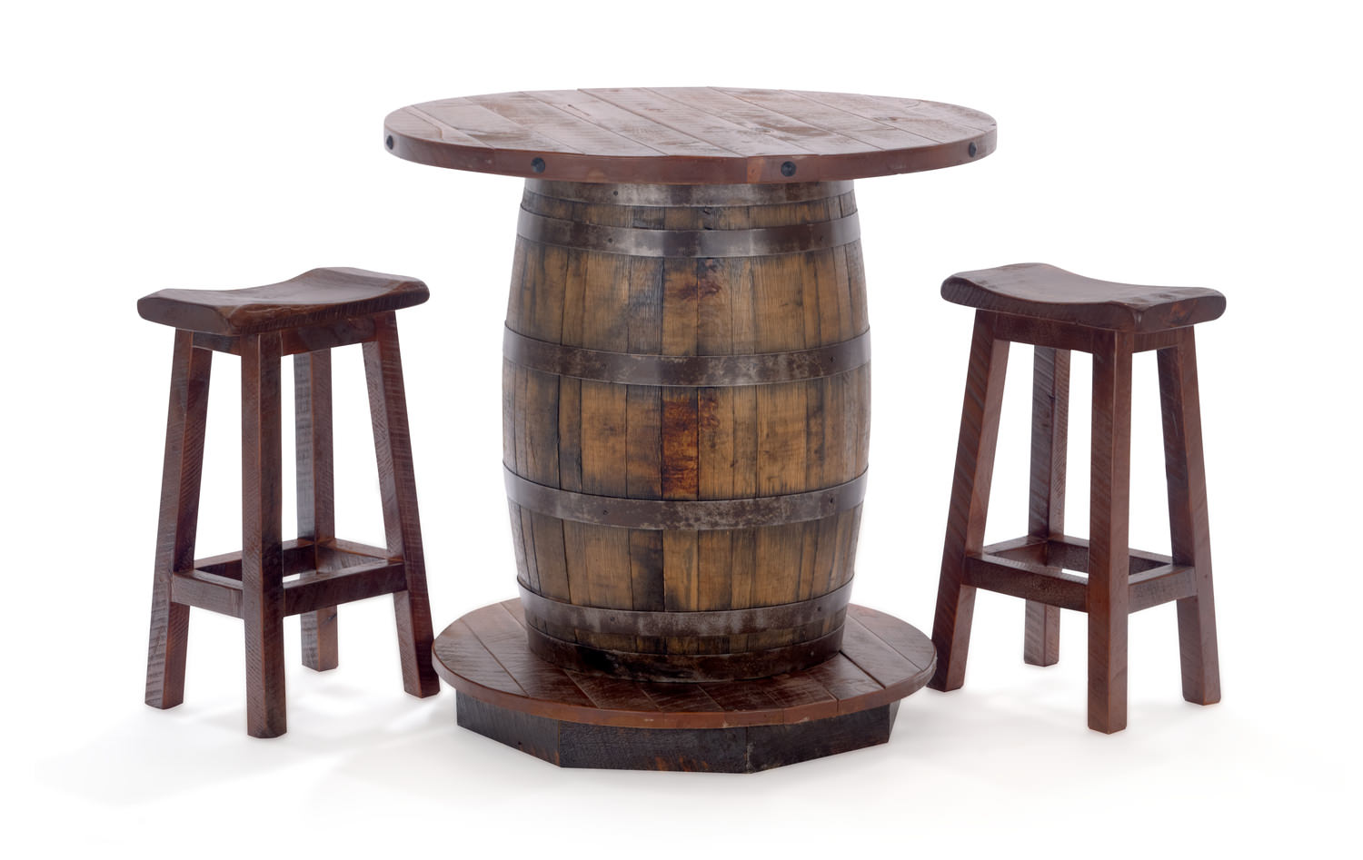Old Fitz Whiskey Barrel With 2 Saddle Seat Stools