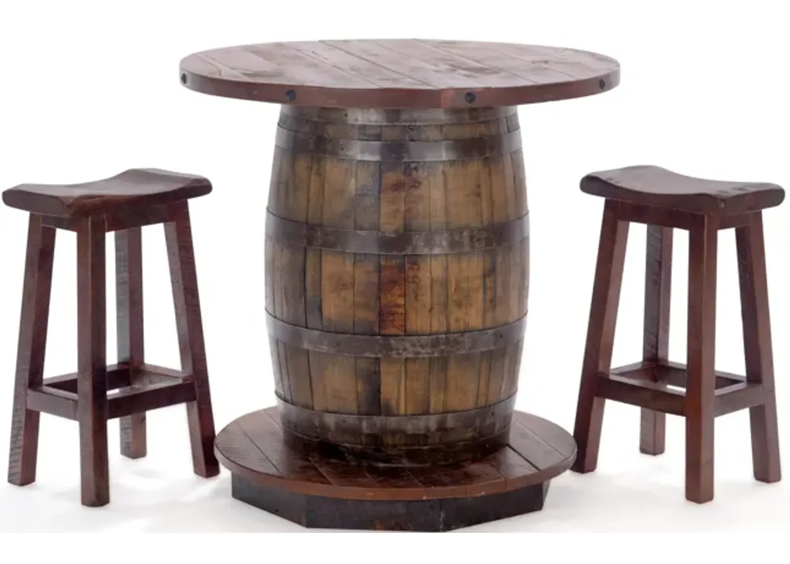 Old Fitz Whiskey Barrel With 2 Saddle Seat Stools