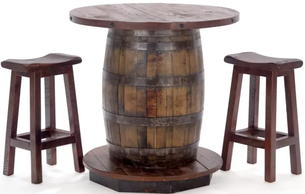 Old Fitz Whiskey Barrel With 2 Saddle Seat Stools