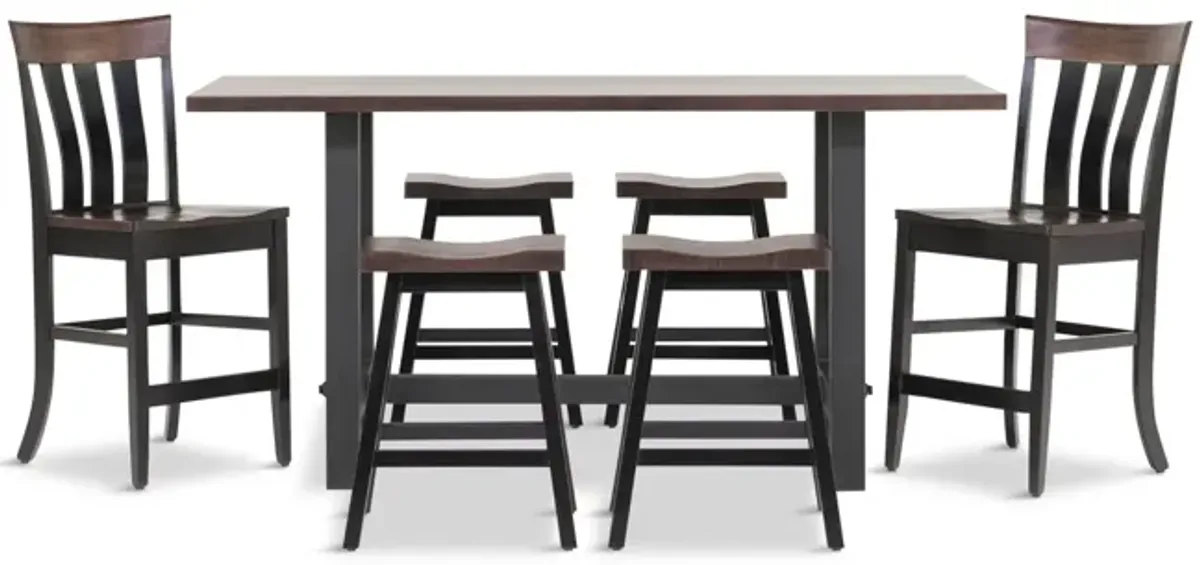 Boulder Creek Pub Table With 4 Saddle Seat Stools And 2 Fan Back Stools