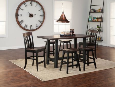 Boulder Creek Pub Table With 4 Saddle Seat Stools And 2 Fan Back Stools