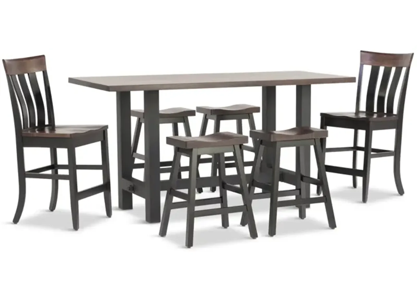 Boulder Creek Pub Table With 4 Saddle Seat Stools And 2 Fan Back Stools