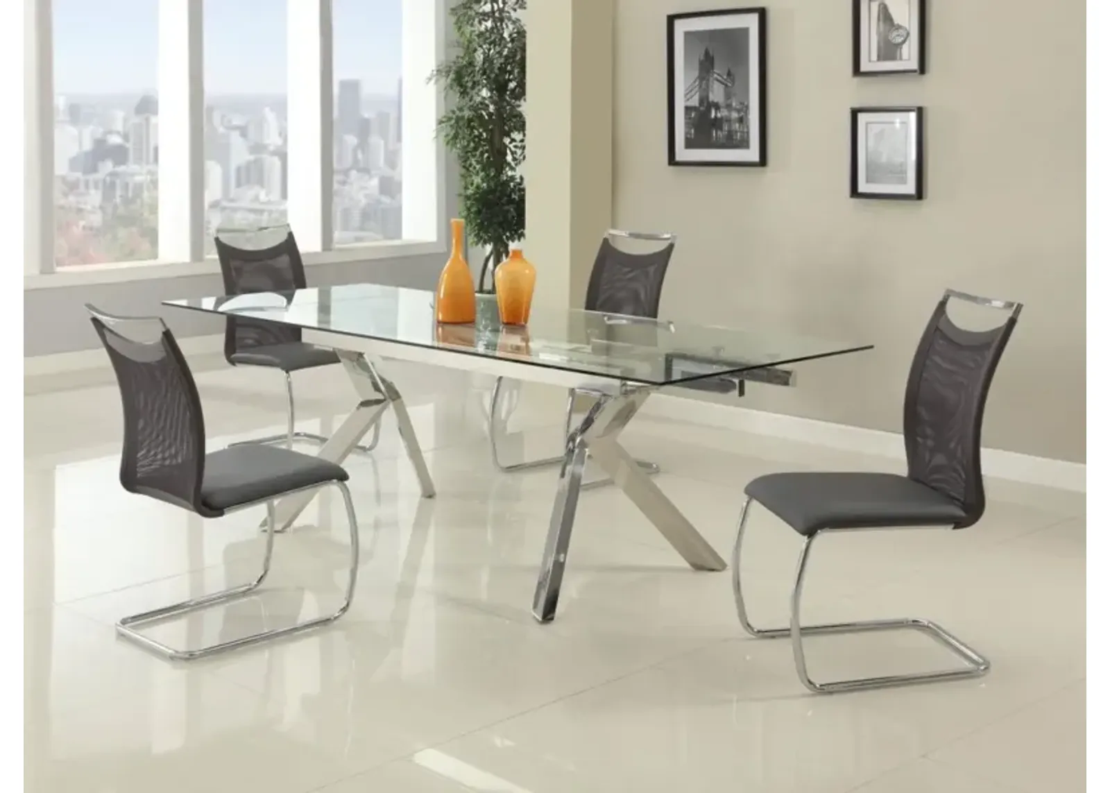 Chintaly Ella Contemporary Dining Set with Extendable Table & 4 Cantilever Mesh Chairs