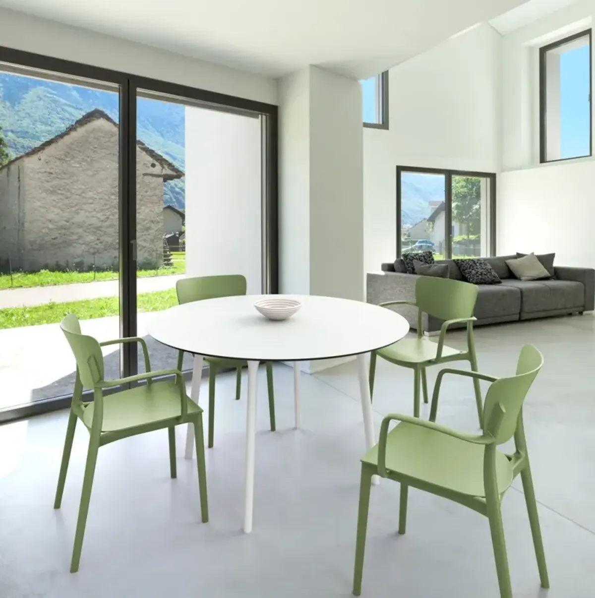 Compamia 47 Inch Lisa Round Outdoor Dining Set with White Table & Olive Green Armchairs