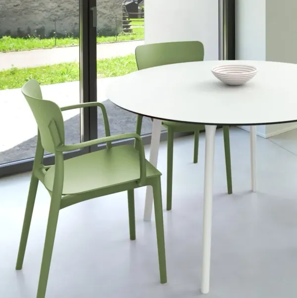 Compamia 47 Inch Lisa Round Outdoor Dining Set with White Table & Olive Green Armchairs
