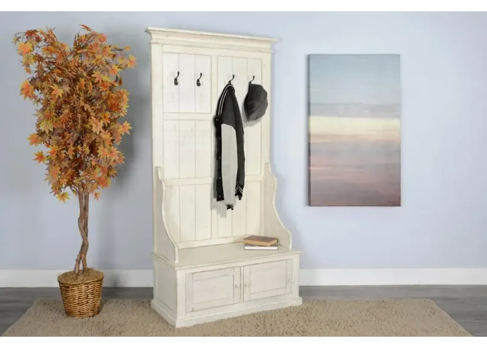 Sunny Designs Marina White Sand Hall Tree with Storage Bench