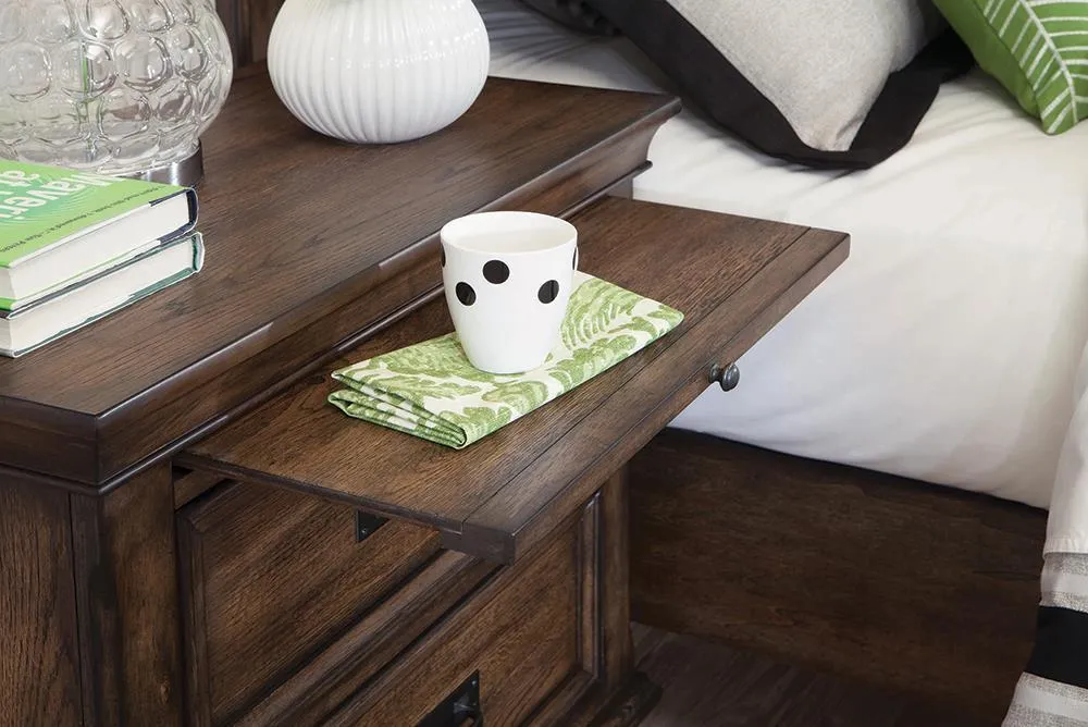 FRANCO TWO-DRAWER NIGHTSTAND WITH TRAY BURNISHED OAK