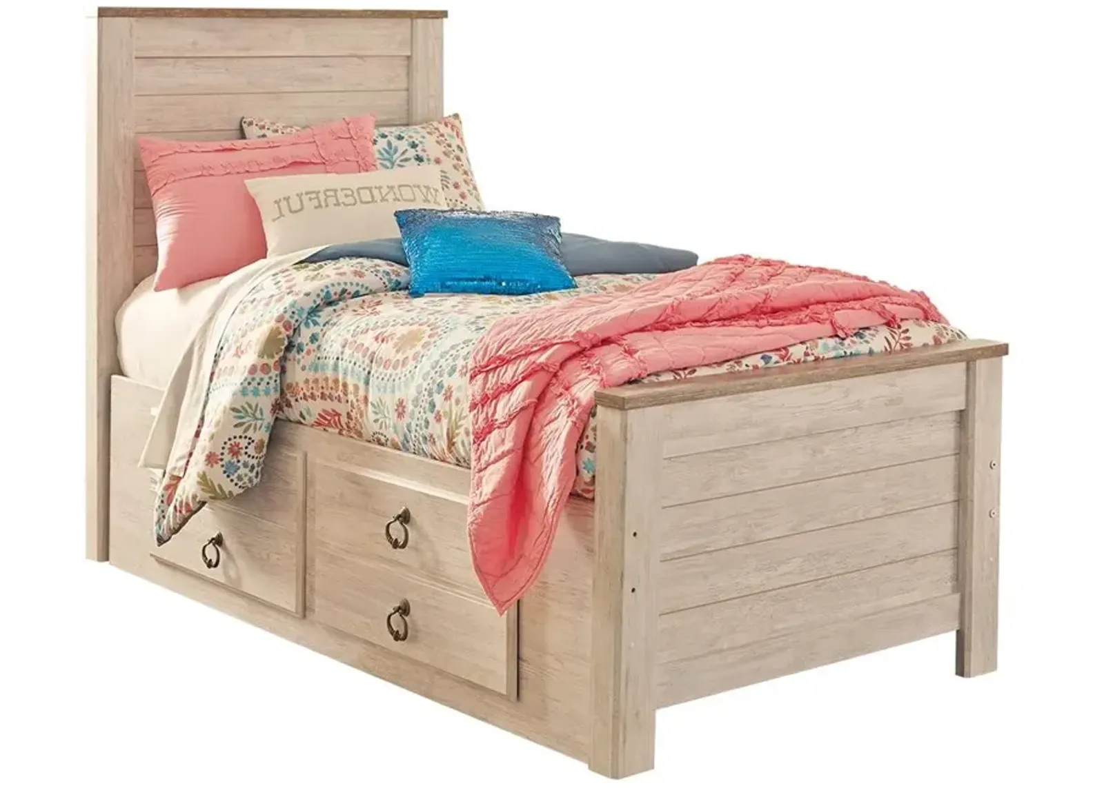 Kids/Teens Willowton Whitewash Twin Panel Bed With 2 Storage Drawers