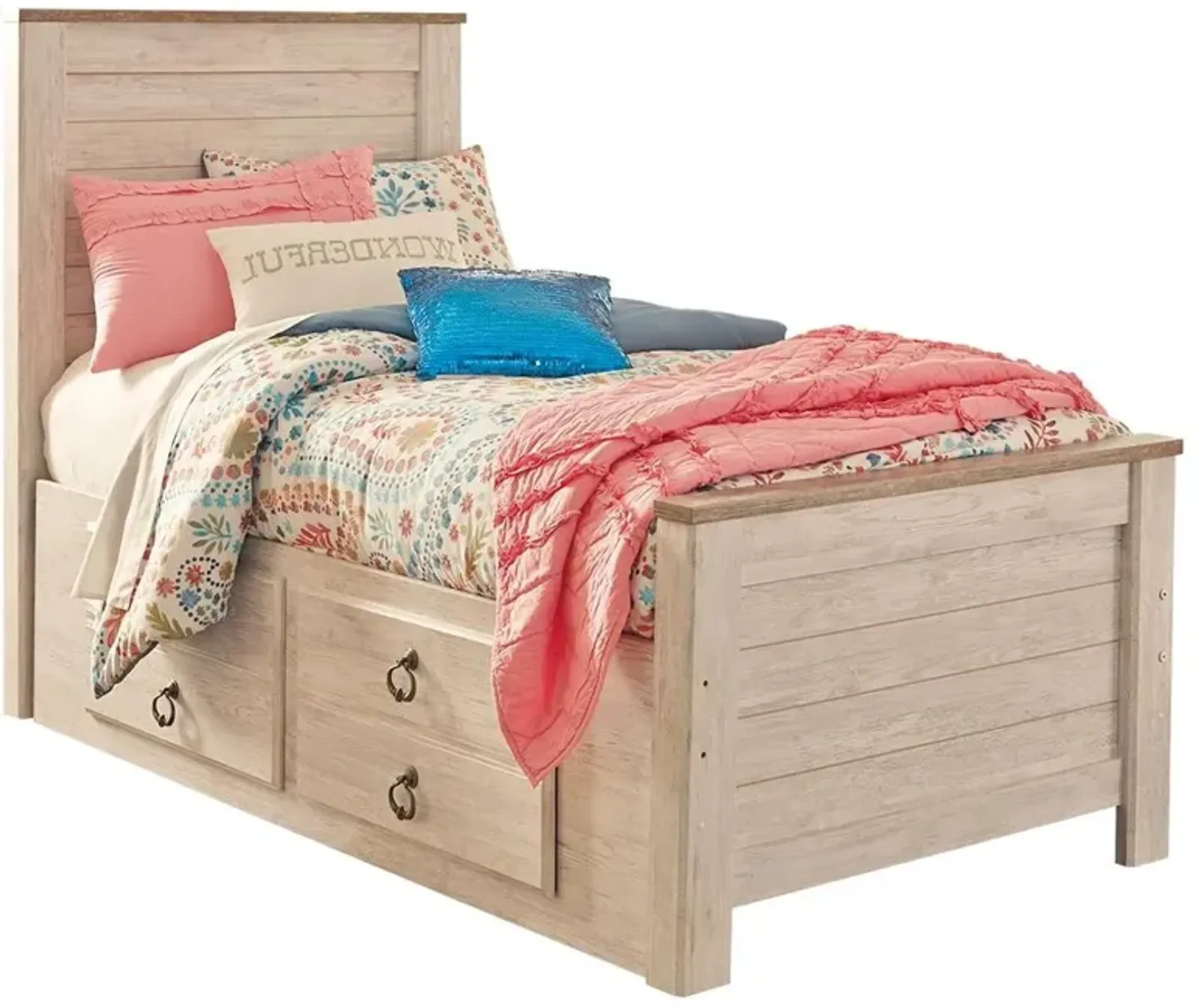 Ashley Kids/Teens Willowton Whitewash Twin Panel Bed with 2 Storage Drawers