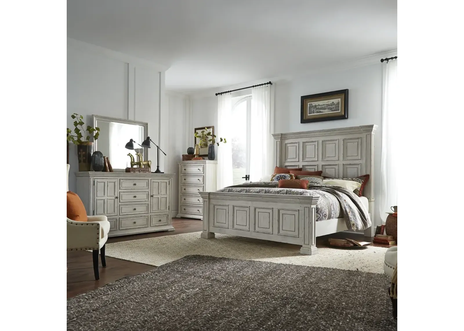 Liberty Furniture Complete King Bedroom Set Panel White Bed, Dresser, Mirror & Chest Big Valley