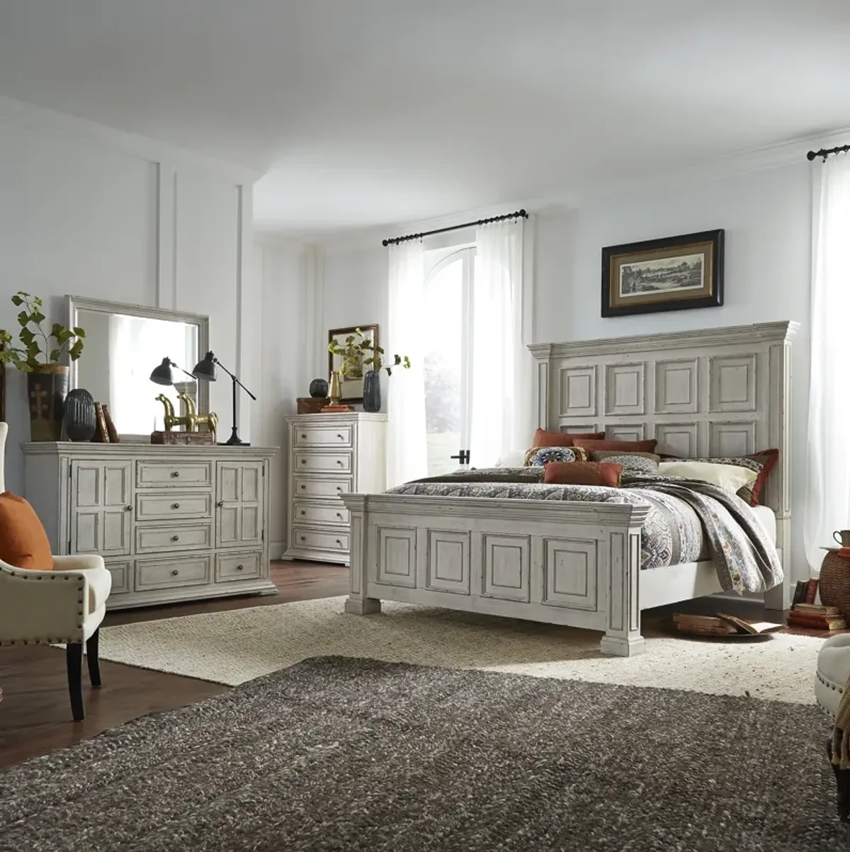 Liberty Furniture Complete King Bedroom Set Panel White Bed, Dresser, Mirror & Chest Big Valley