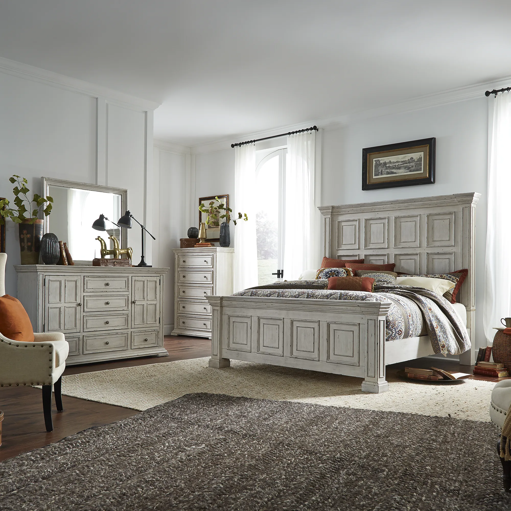 KING PANEL BED DRESSER & MIRROR CHEST - BIG VALLEY