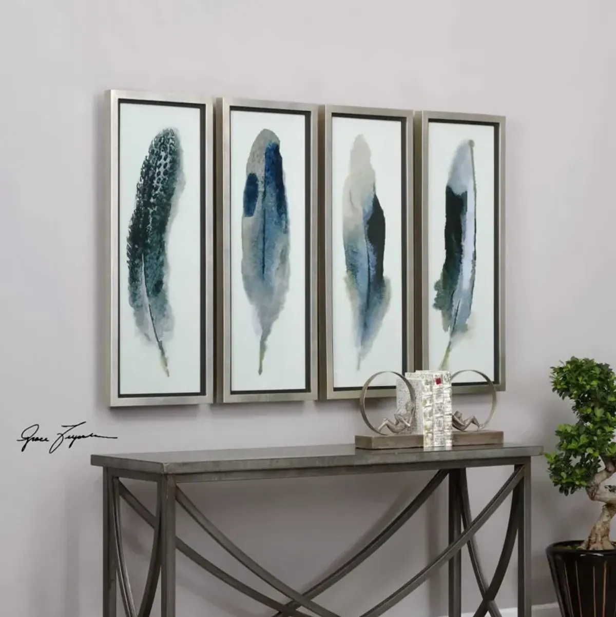 Uttermost Feathered Beauty 4-Piece Dark Blue Prints Wall Art