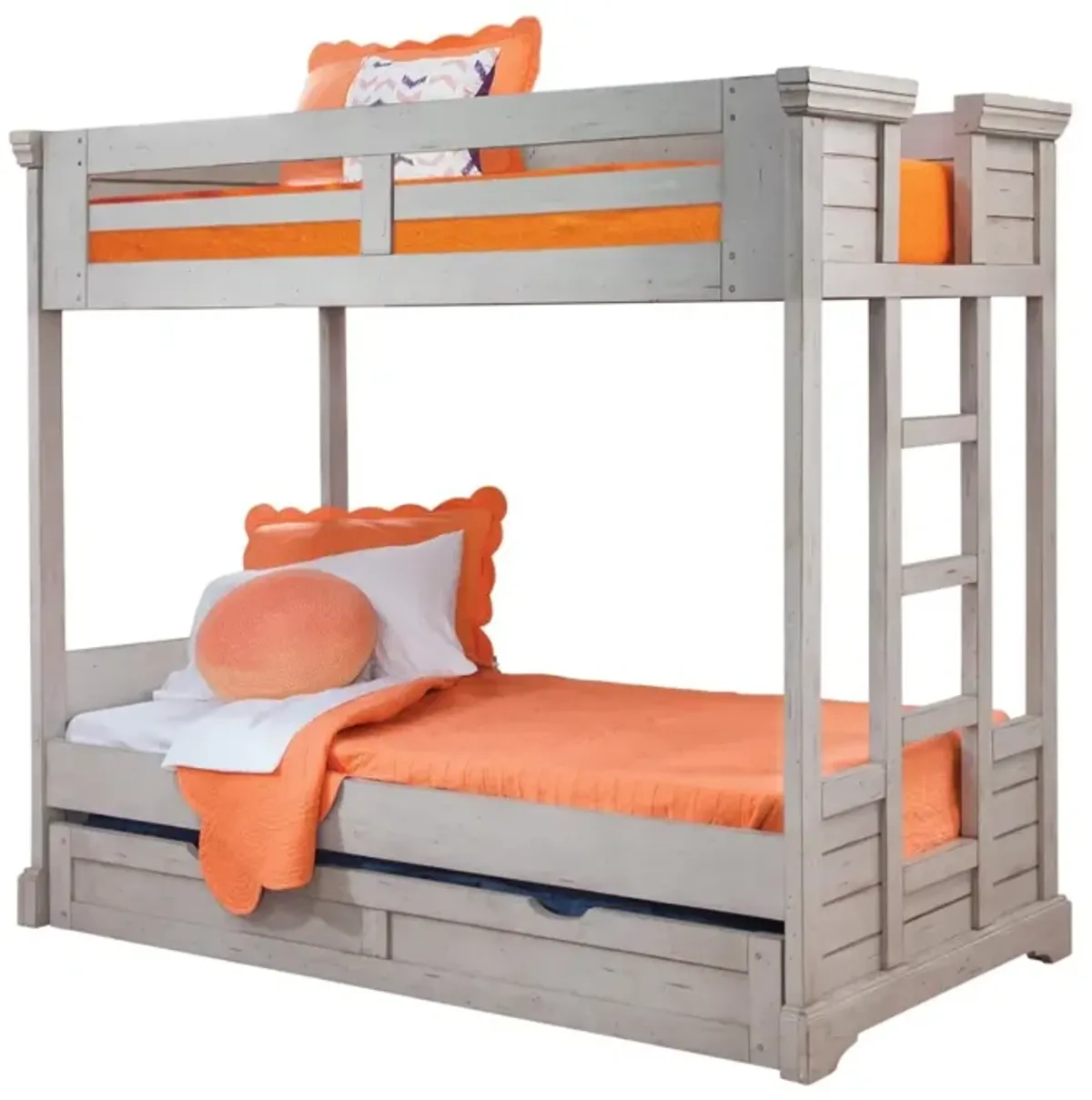 American Woodcrafters Stonebrook 3/3 Over 3/3 Bunk Bed with Trundle in Light Distressed Antique Gray