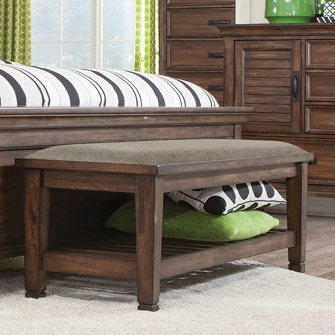 FRANCO UPHOLSTERED BENCH BURNISHED OAK