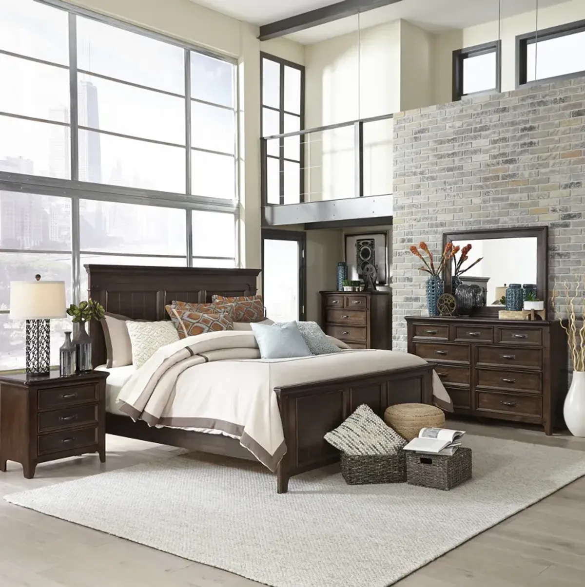 Liberty Furniture Complete Queen Bedroom Set Panel Bed, Dresser, Mirror, Chest & Nightstand Saddlebrook