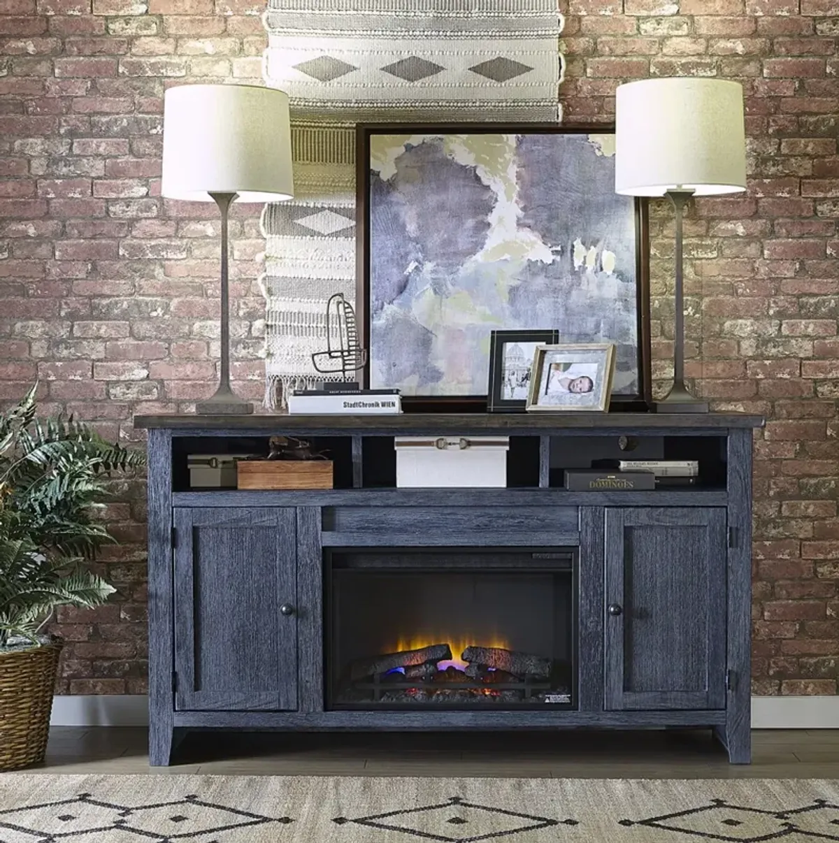 EASTPORT MALTA BLUE 65 INCH FIREPLACE TV STAND CONSOLE