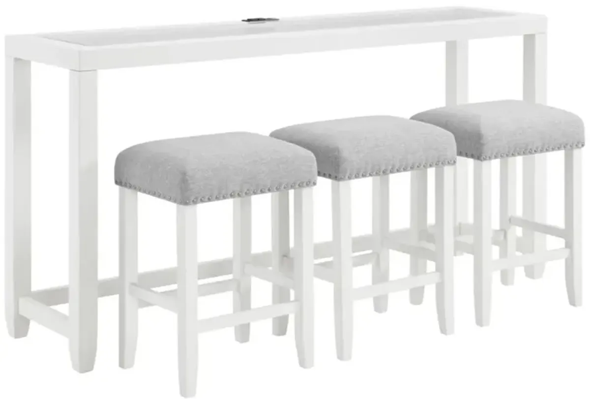 Martin Svensson Cordero 72 Inch Glass Top Console Bar Table & Stool Set in White & Heather Grey