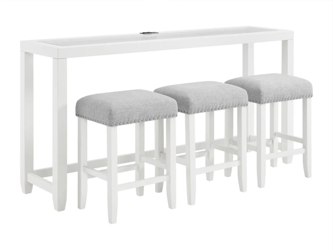 CORDERO 72 INCH GLASS TOP CONSOLE BAR TABLE & STOOL SET IN WHITE & HEATHER GREY