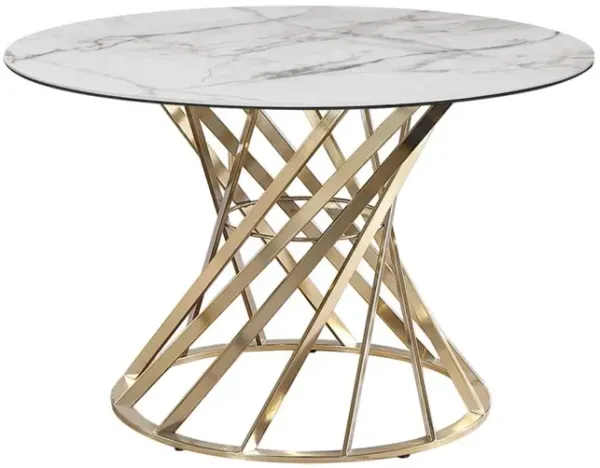 Chintaly Tracy Brushed Gold/Taupe Round Sintered Stone Top Dining Table with Golden Art Deco Base