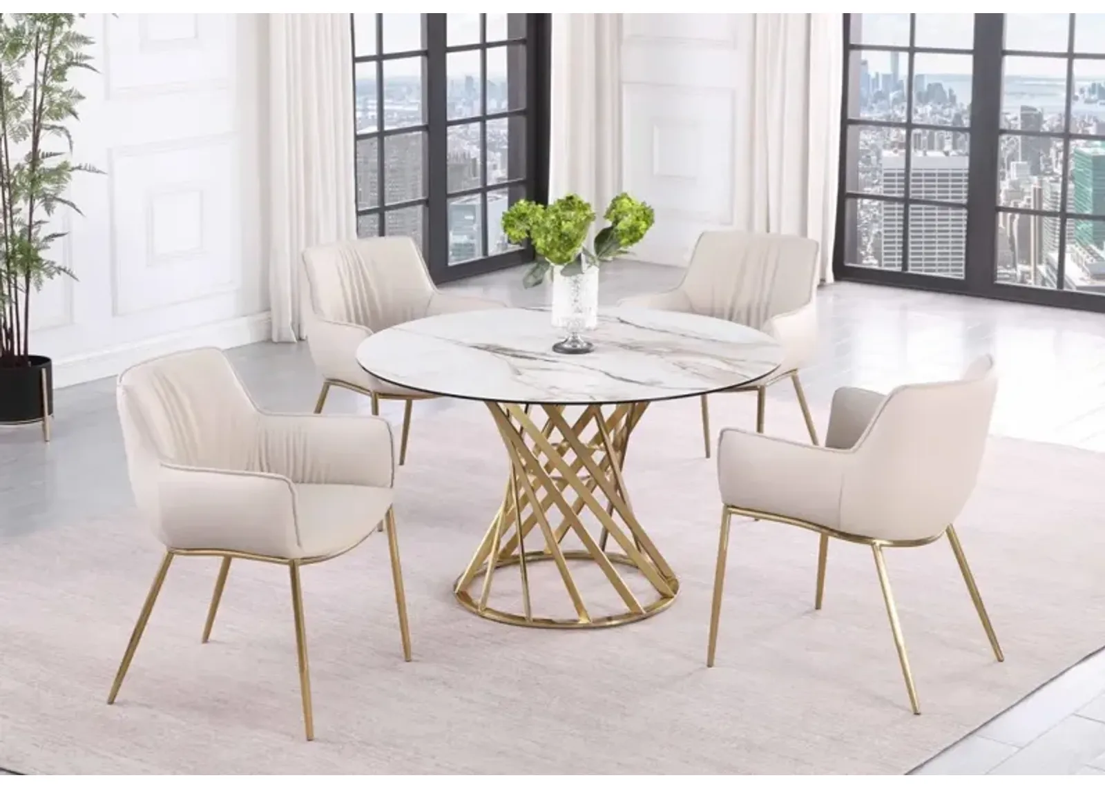 Chintaly Tracy Brushed Gold/Taupe Round Sintered Stone Top Dining Table with Golden Art Deco Base