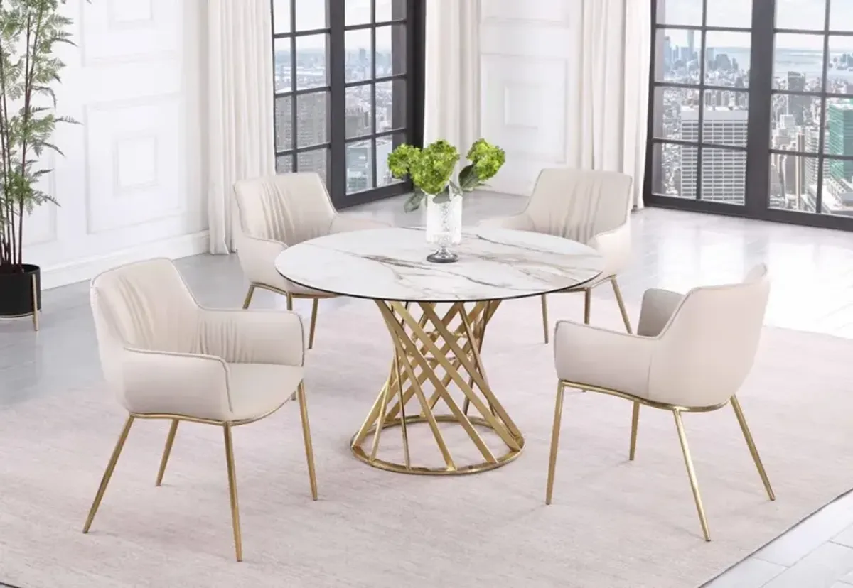 Chintaly Tracy Brushed Gold/Taupe Round Sintered Stone Top Dining Table with Golden Art Deco Base