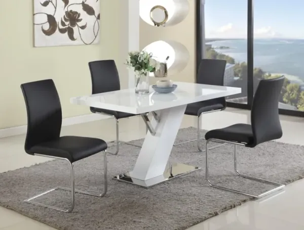 Chintaly Linden Contemporary Dining Set with White Gloss Table & Black Upholstered Chairs