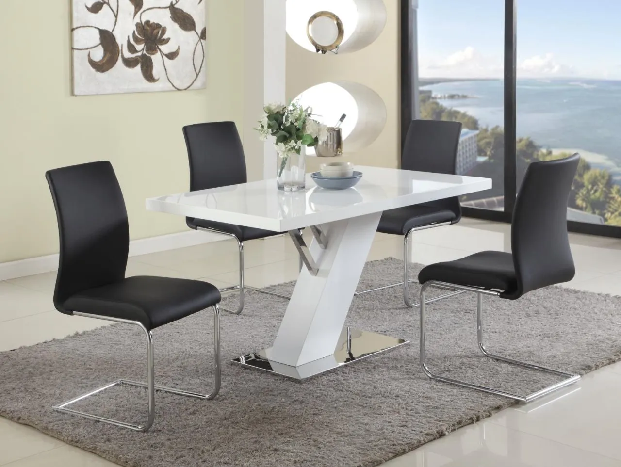 LINDEN CONTEMPORARY DINING SET WITH WHITE GLOSS TABLE & BLACK UPHOLSTERED CHAIRS