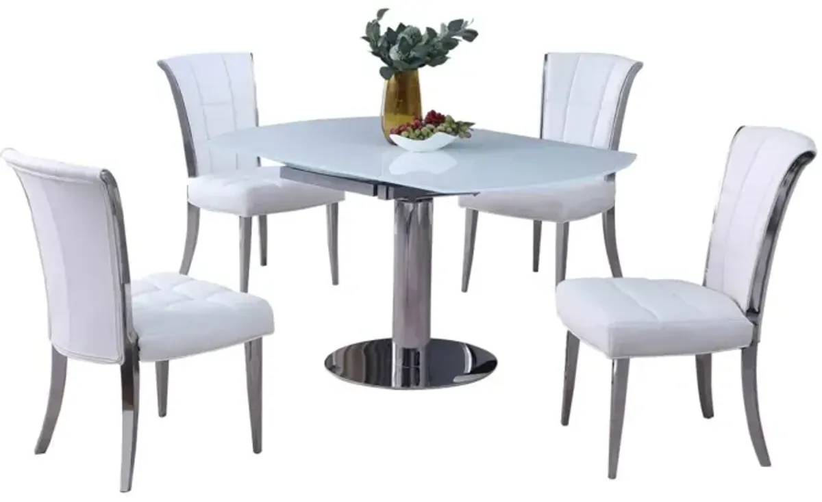 Chintaly Tami Contemporary Dining Set with Motion-Extendable White Glass Table & 4 Tufted Chairs