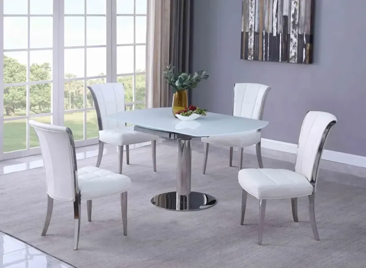 Chintaly Tami Contemporary Dining Set with Motion-Extendable White Glass Table & 4 Tufted Chairs