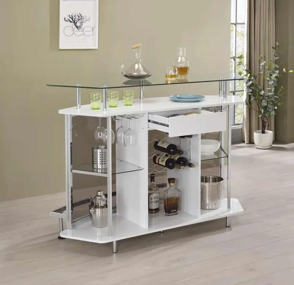 Gideon Curved Glass Top Home Bar Cabinet White High Gloss