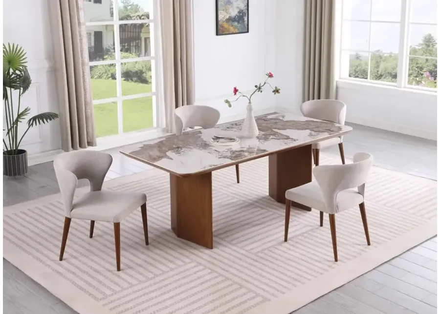 RUBY MODERN CERAMIC & WOODEN TOP DINING TABLE WITH WOODEN LEGS