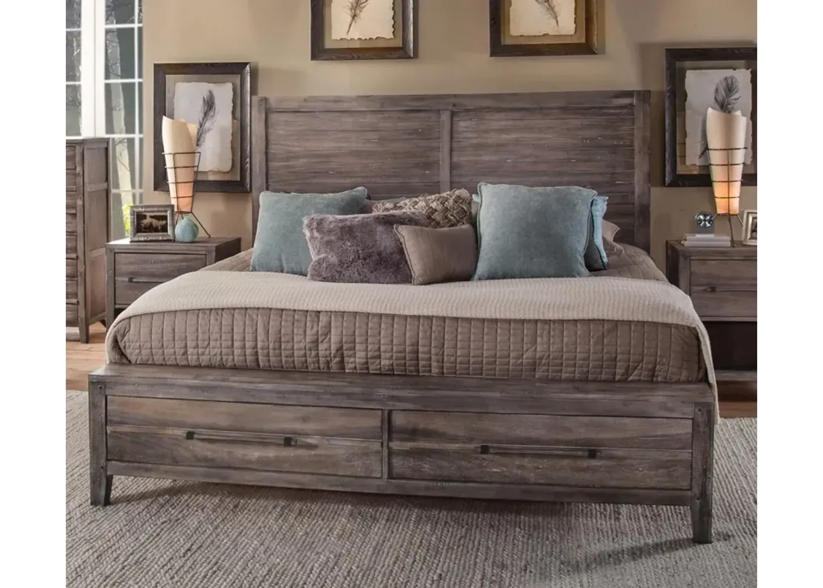 American Woodcrafters Aurora King Panel Bed with Storage Footboard in Weathered Grey