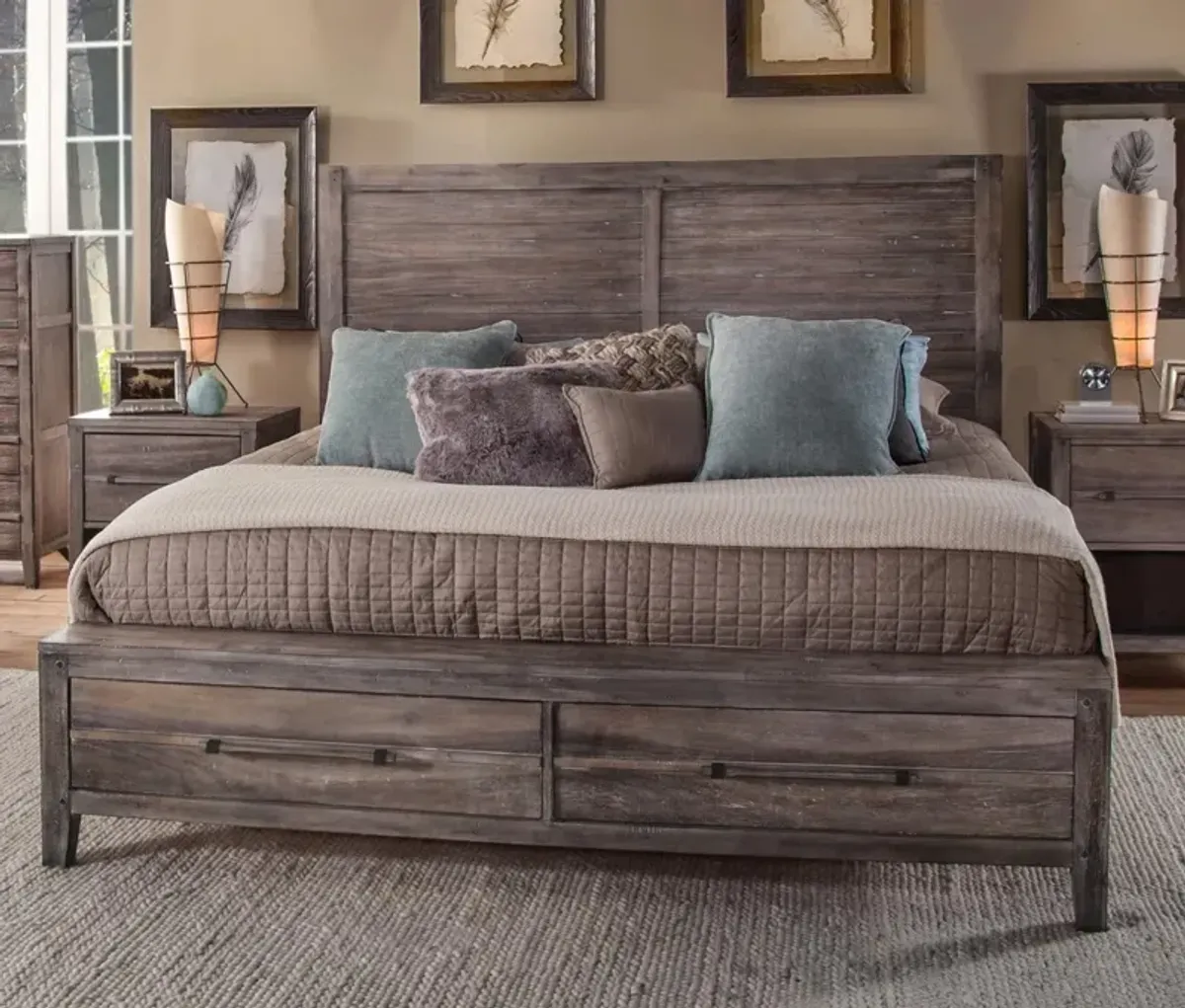 American Woodcrafters Aurora King Panel Bed with Storage Footboard in Weathered Grey