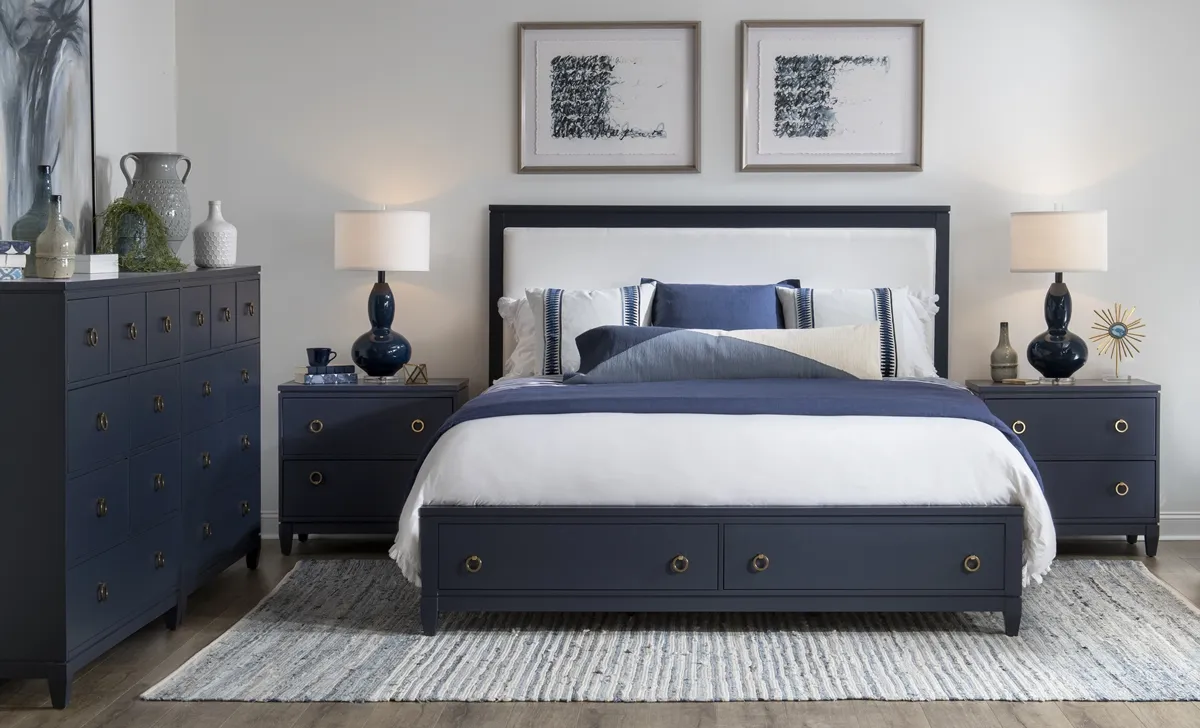 COMPLETE UPHOLSTERED BED WITH STORAGE QUEEN BLUE FINISH - SUMMERLAND INKWELL