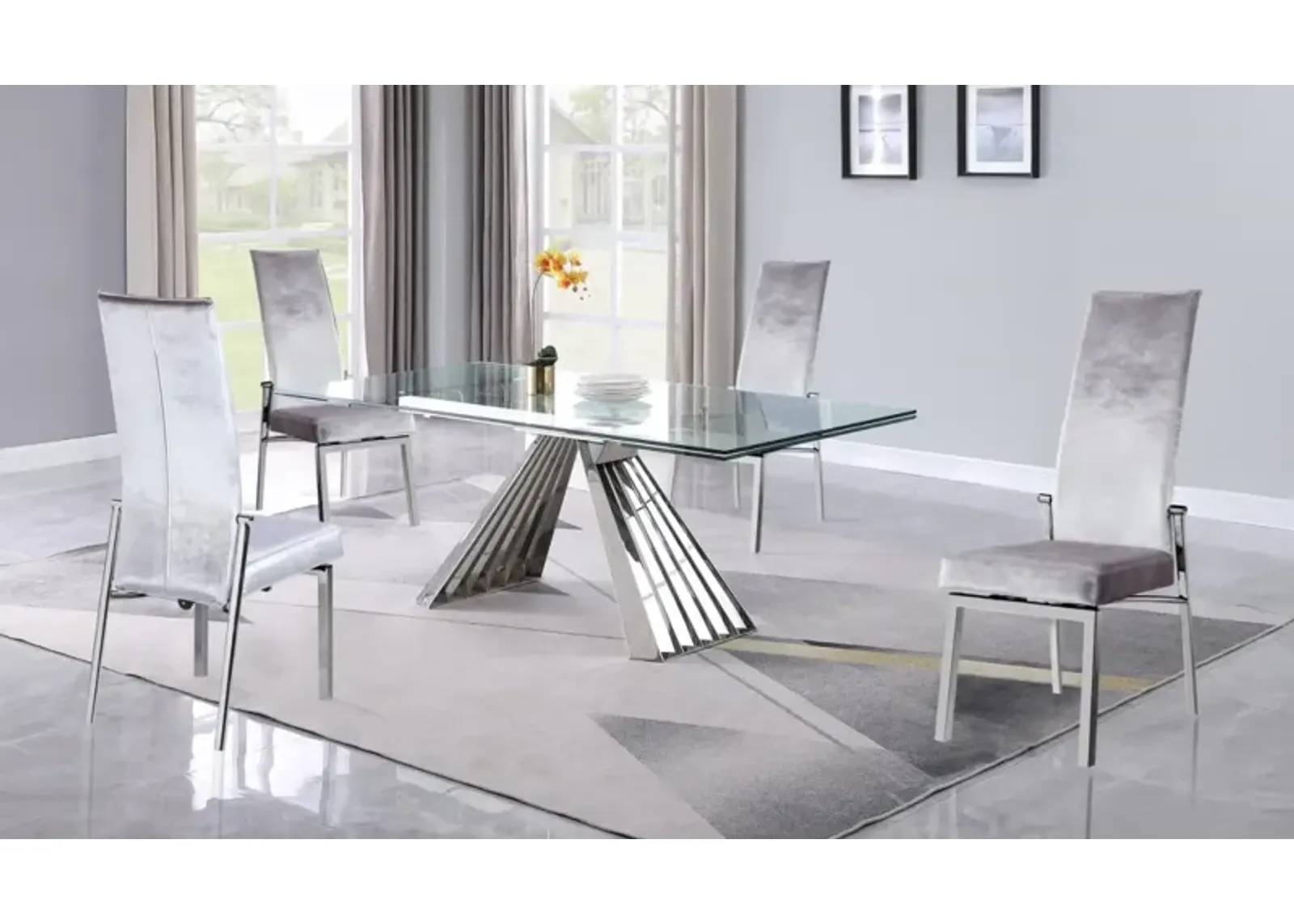 Chintaly Dominique Grey Dining Set with Extendable Table & 4 Motion-Back Chairs