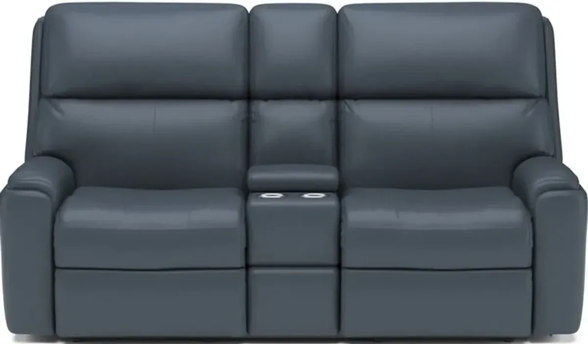 Flexsteel Rio Blue Reclining Leather Loveseat with Console