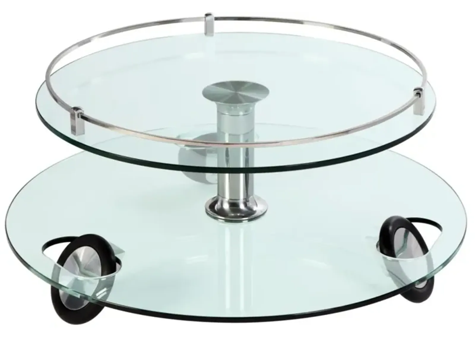 Chintaly Contemporary Two-Tier Rolling Round Glass Cocktail Table