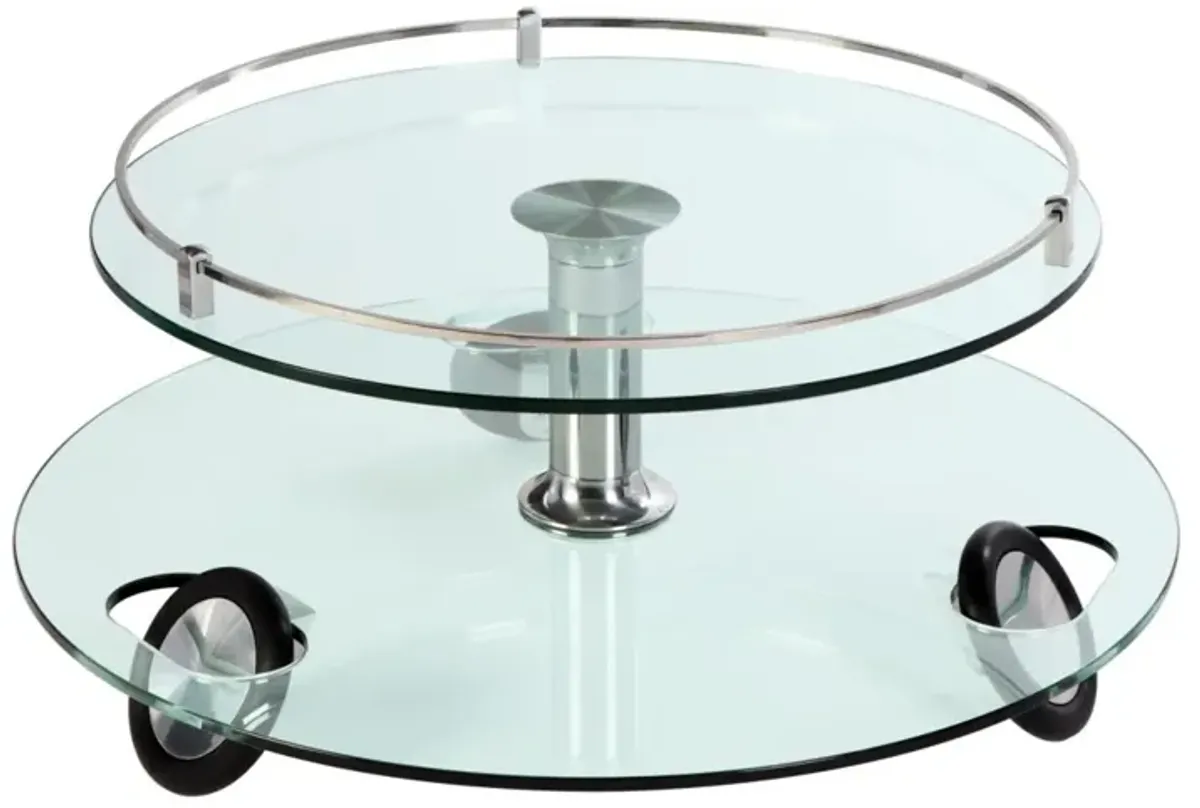 Chintaly Contemporary Two-Tier Rolling Round Glass Cocktail Table