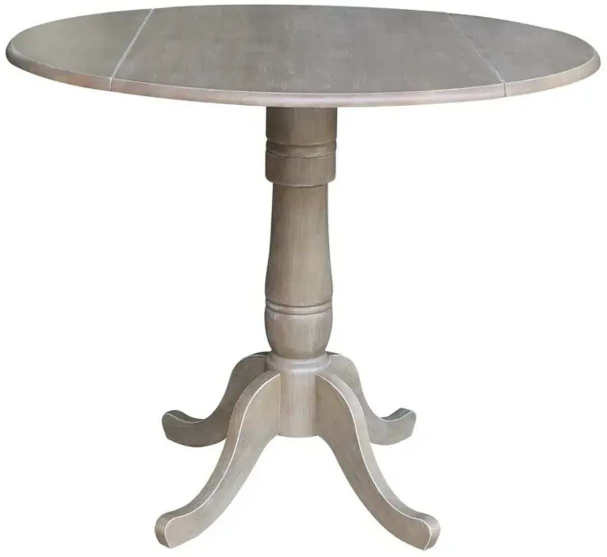 DINING ESSENTIALS 42 INCH DROP LEAF TABLE TOP WITH 36 INCH TRADITIONAL PEDESTAL BASE WITH EXTENSION IN TAUPE GRAY