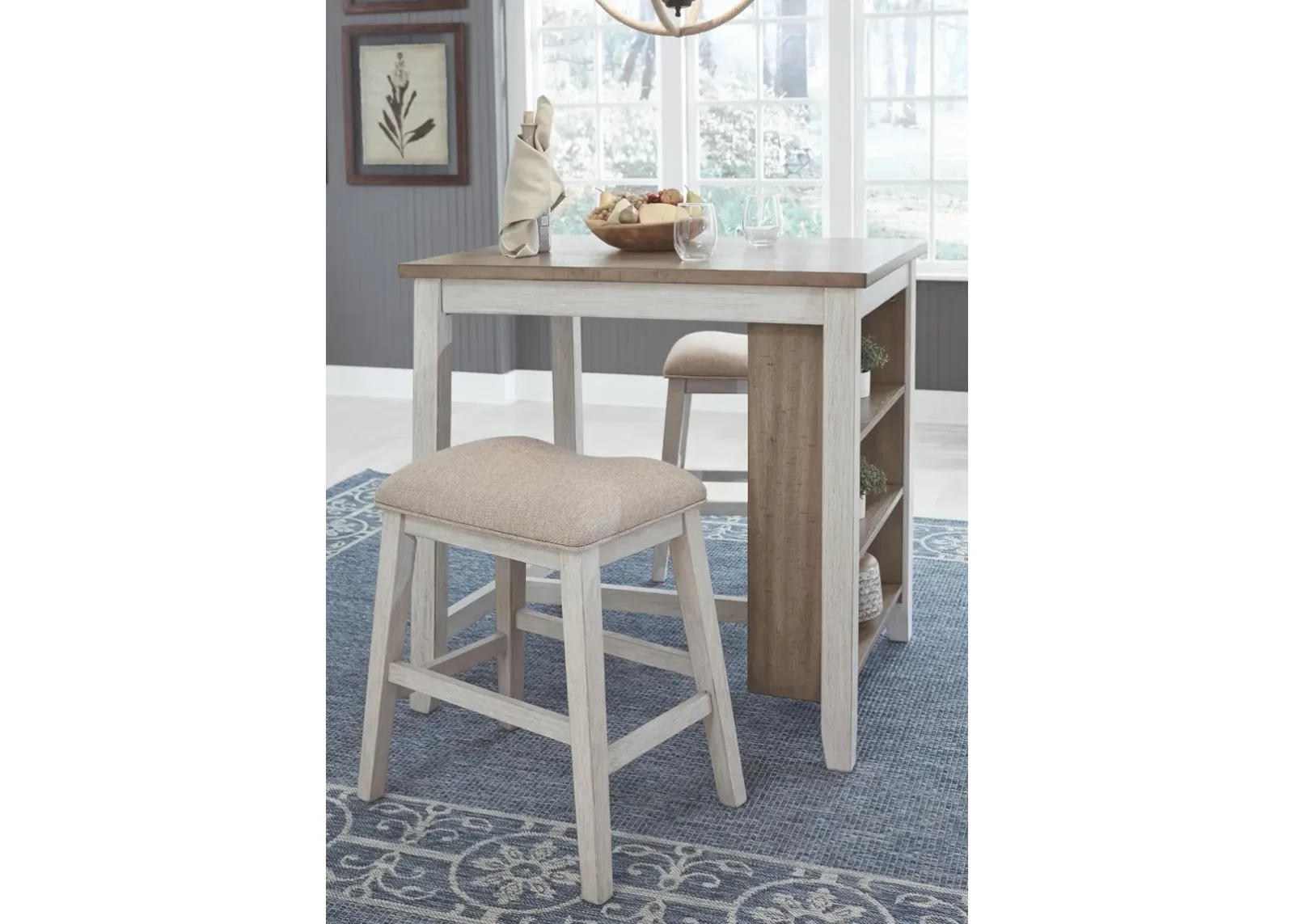 Ashley Skempton 3-Piece White/Light Brown Counter-Height Bar Stools & Table Set