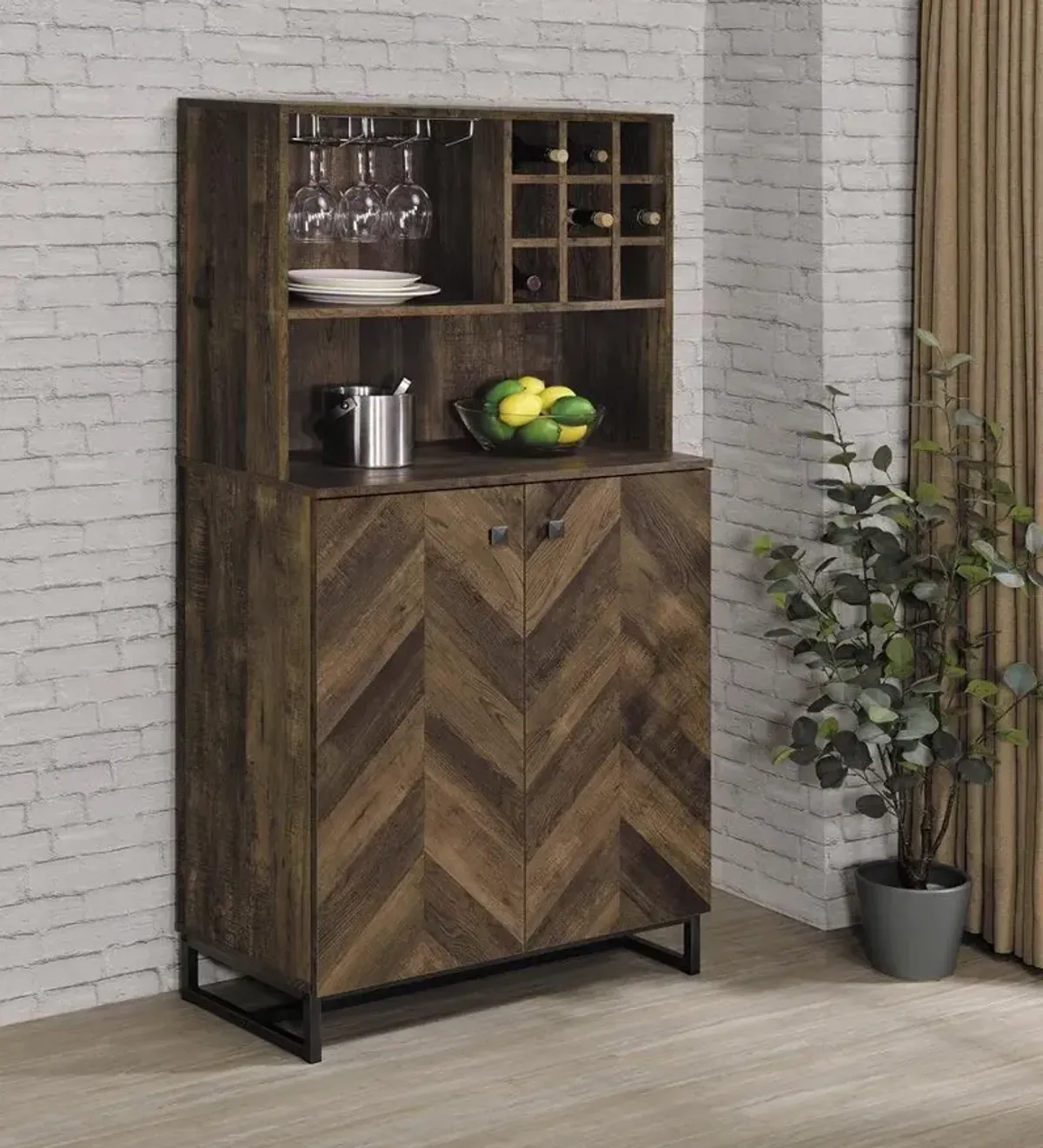 Coaster Mendoza 2-Door Home Bar Cabinet Wine Storage Rustic Oak