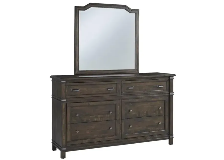 FARMWOOD WHISKEY BARRELL QUEEN PANEL BED, DRESSER, MIRROR & 1-DRAWER NIGHTSTAND