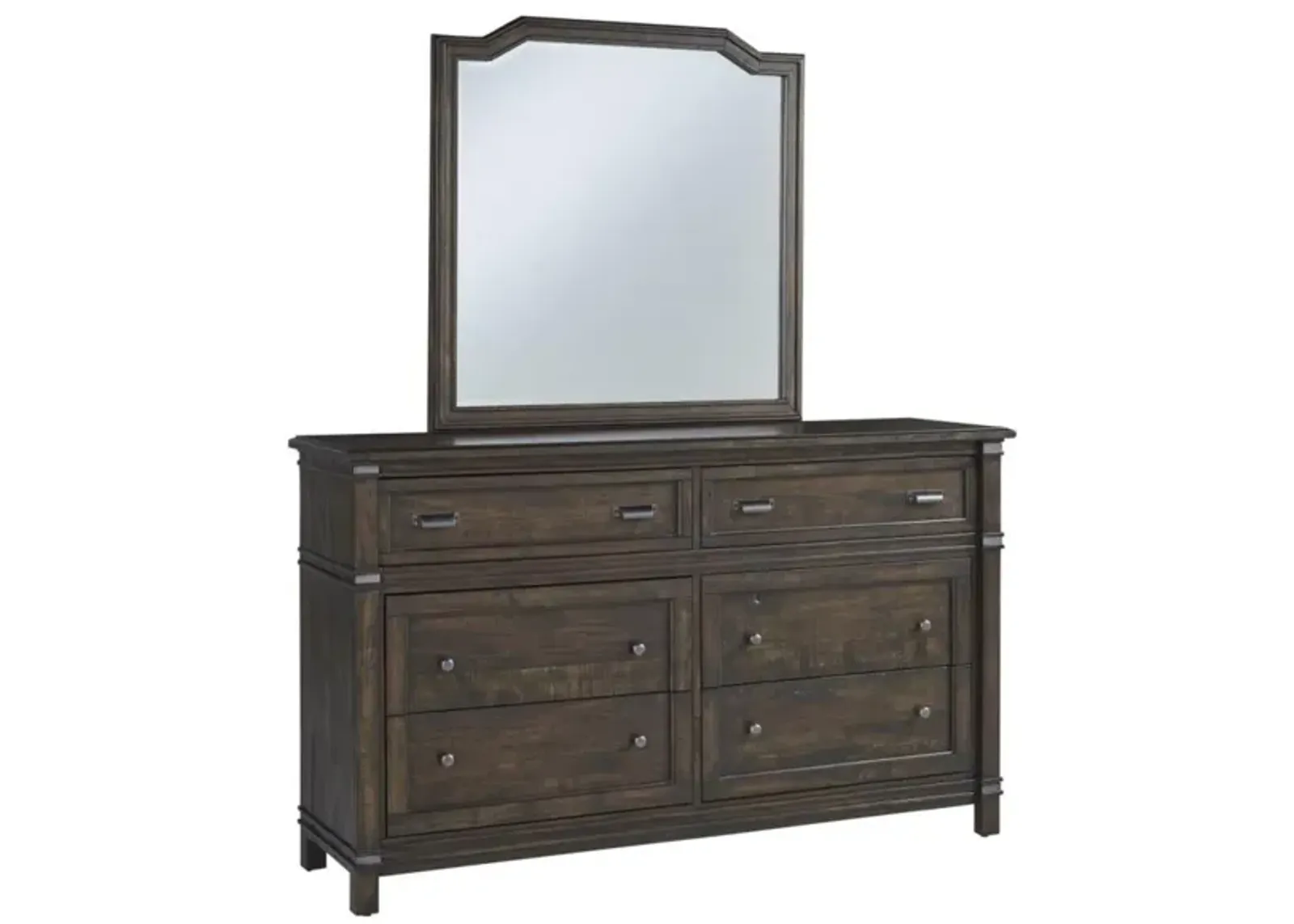 American Woodcrafters Farmwood Whiskey Barrell Queen Panel Bed Dresser Mirror & 1-Drawer Nightstand