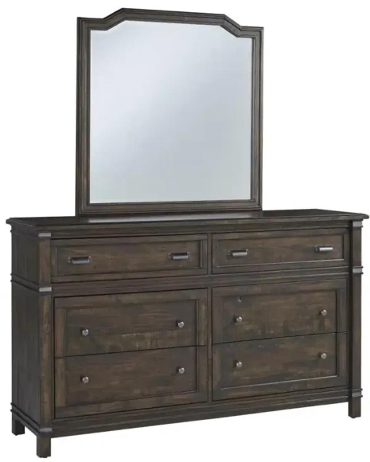 American Woodcrafters Farmwood Whiskey Barrell Queen Panel Bed Dresser Mirror & 1-Drawer Nightstand