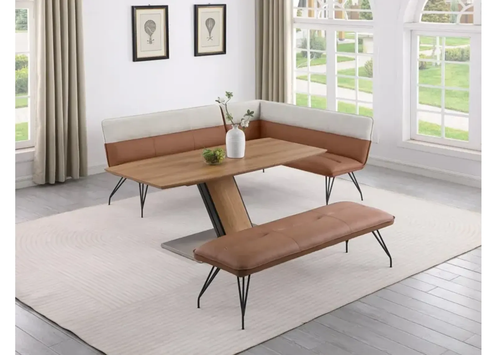 Chintaly Lillian Brown Upholstered Dining Bench with Curved Steel Legs